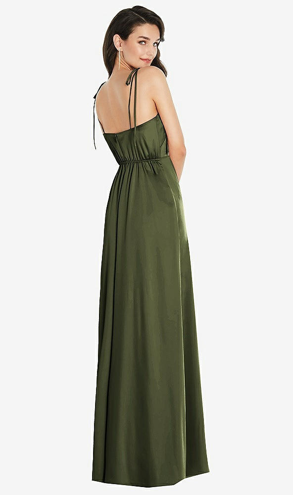 Back View - Olive Green Skinny Tie-Shoulder Satin Maxi Dress with Front Slit