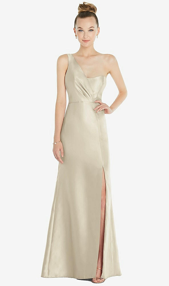 Front View - Champagne Draped One-Shoulder Satin Trumpet Gown with Front Slit