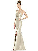Side View Thumbnail - Champagne Draped One-Shoulder Satin Trumpet Gown with Front Slit