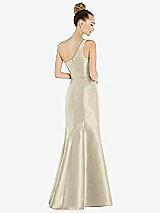 Rear View Thumbnail - Champagne Draped One-Shoulder Satin Trumpet Gown with Front Slit