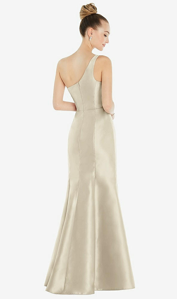 Back View - Champagne Draped One-Shoulder Satin Trumpet Gown with Front Slit