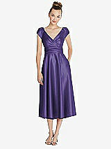 Front View Thumbnail - Regalia - PANTONE Ultra Violet Cap Sleeve Faux Wrap Satin Midi Dress with Pockets