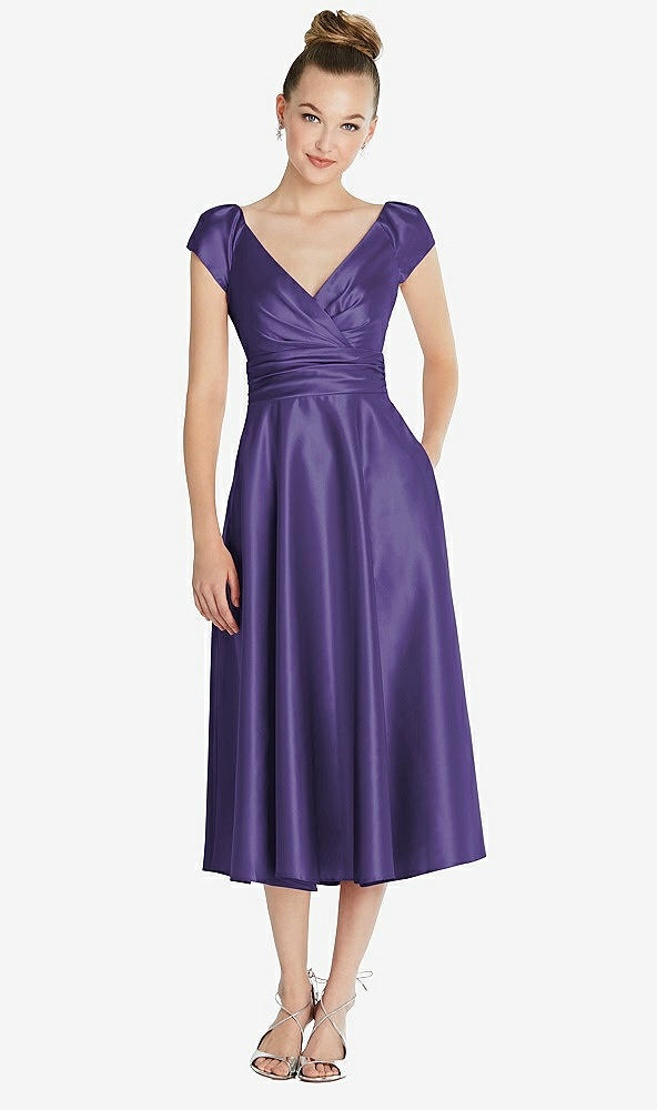 Front View - Regalia - PANTONE Ultra Violet Cap Sleeve Faux Wrap Satin Midi Dress with Pockets