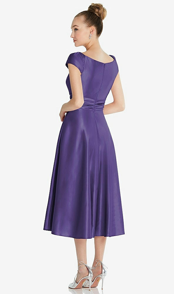 Back View - Regalia - PANTONE Ultra Violet Cap Sleeve Faux Wrap Satin Midi Dress with Pockets