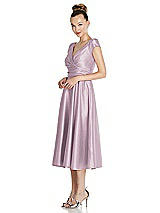 Side View Thumbnail - Suede Rose Cap Sleeve Faux Wrap Satin Midi Dress with Pockets