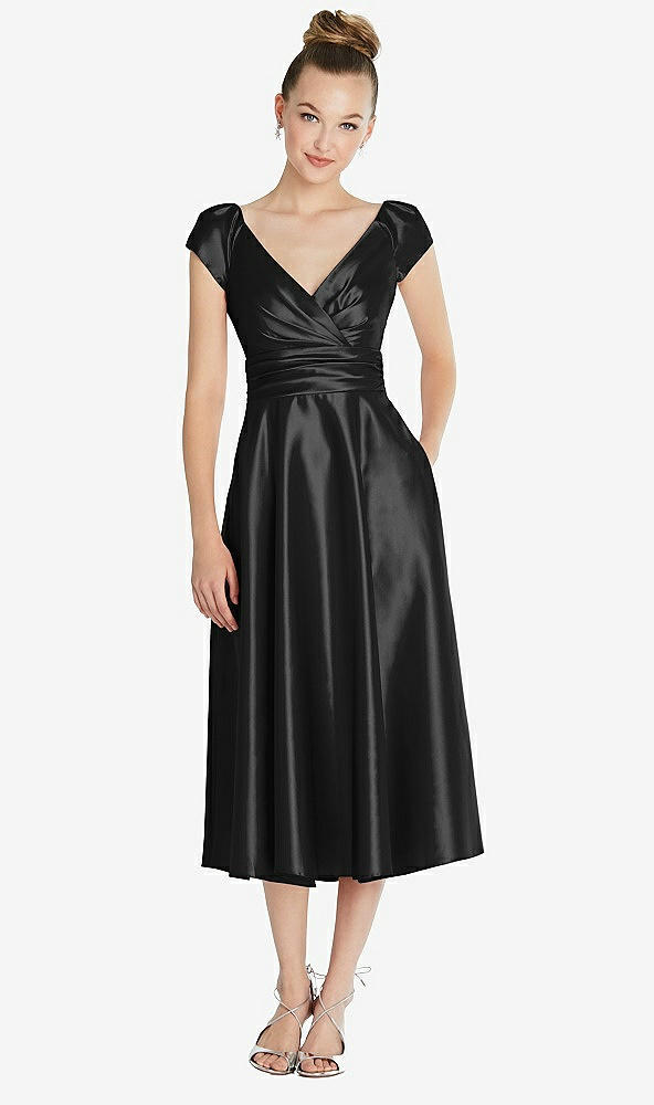 Front View - Black Cap Sleeve Faux Wrap Satin Midi Dress with Pockets