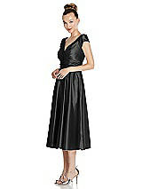 Side View Thumbnail - Black Cap Sleeve Faux Wrap Satin Midi Dress with Pockets