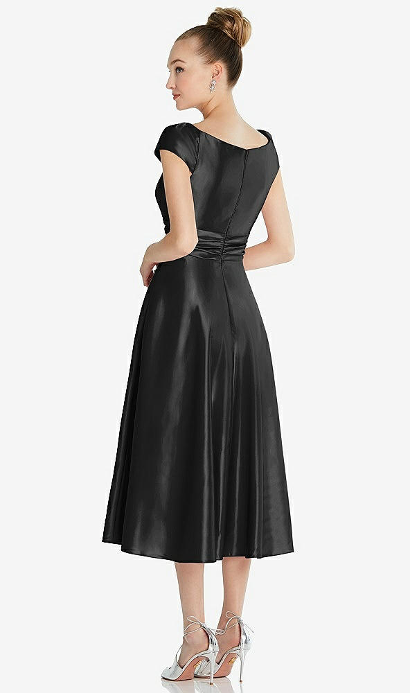 Back View - Black Cap Sleeve Faux Wrap Satin Midi Dress with Pockets
