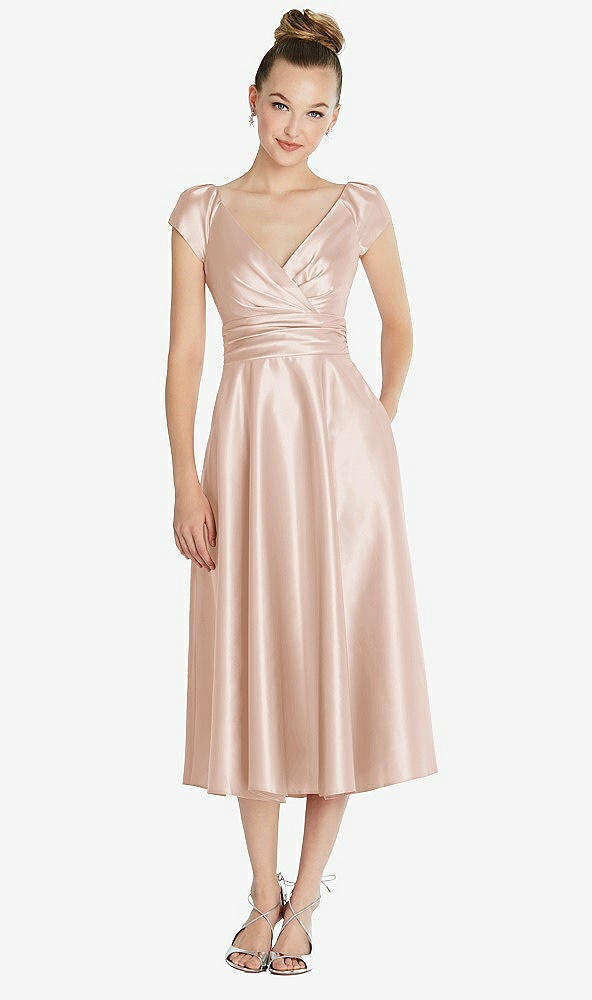 Front View - Cameo Cap Sleeve Faux Wrap Satin Midi Dress with Pockets
