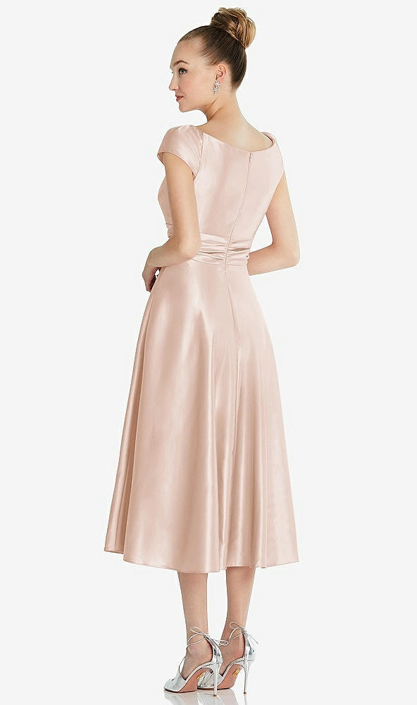 Back View - Cameo Cap Sleeve Faux Wrap Satin Midi Dress with Pockets