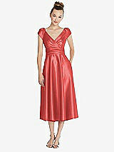 Front View Thumbnail - Perfect Coral Cap Sleeve Faux Wrap Satin Midi Dress with Pockets