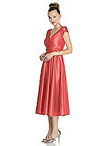 Side View Thumbnail - Perfect Coral Cap Sleeve Faux Wrap Satin Midi Dress with Pockets