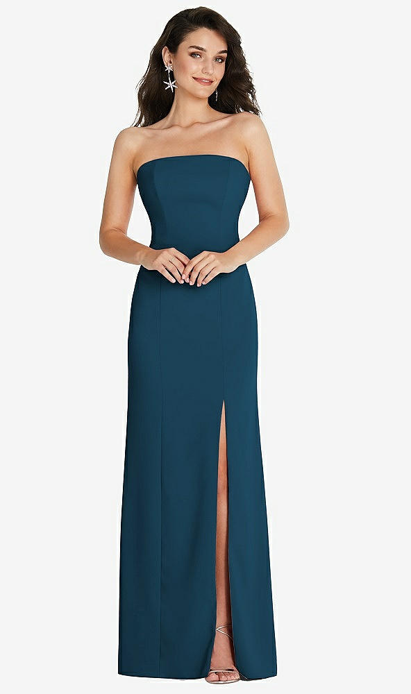 Front View - Atlantic Blue Strapless Scoop Back Maxi Dress with Front Slit