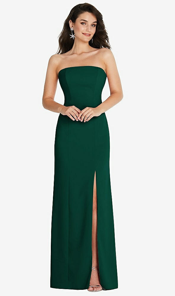 Front View - Hunter Green Strapless Scoop Back Maxi Dress with Front Slit