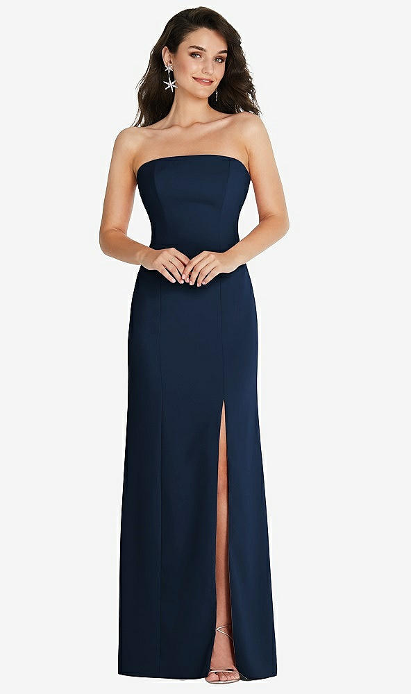 Front View - Midnight Navy Strapless Scoop Back Maxi Dress with Front Slit