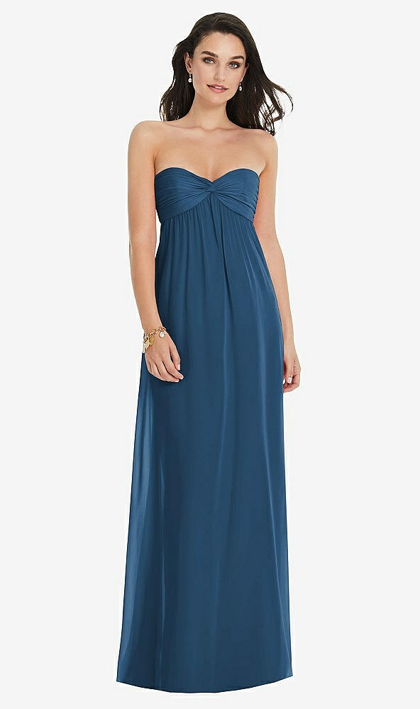 Front View - Dusk Blue Twist Shirred Strapless Empire Waist Gown with Optional Straps
