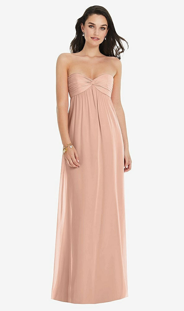 Front View - Pale Peach Twist Shirred Strapless Empire Waist Gown with Optional Straps