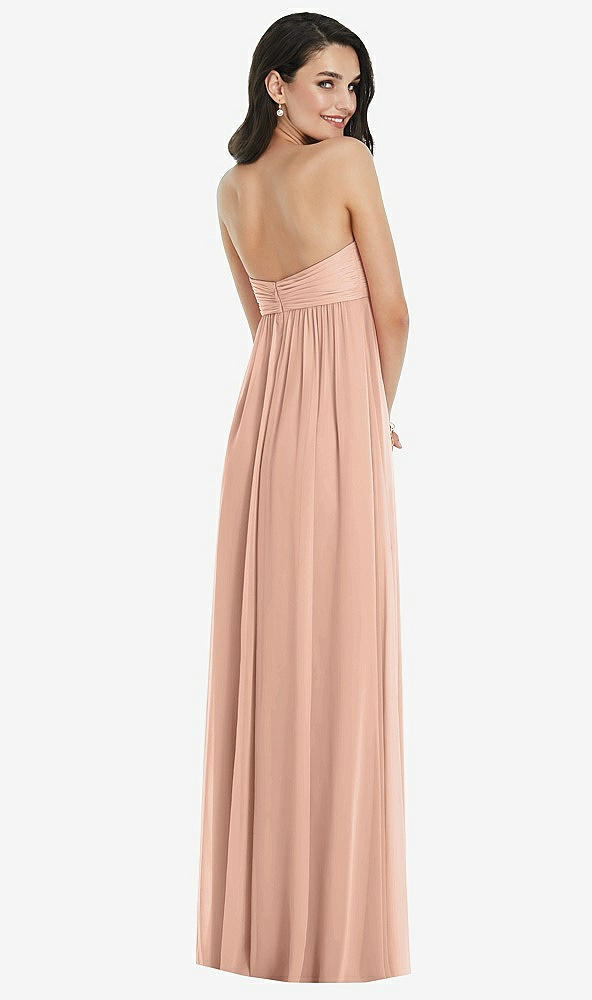 Back View - Pale Peach Twist Shirred Strapless Empire Waist Gown with Optional Straps