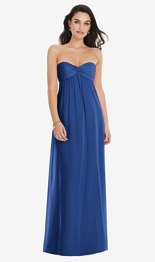 Front View - Classic Blue Twist Shirred Strapless Empire Waist Gown with Optional Straps