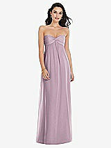 Front View Thumbnail - Suede Rose Twist Shirred Strapless Empire Waist Gown with Optional Straps