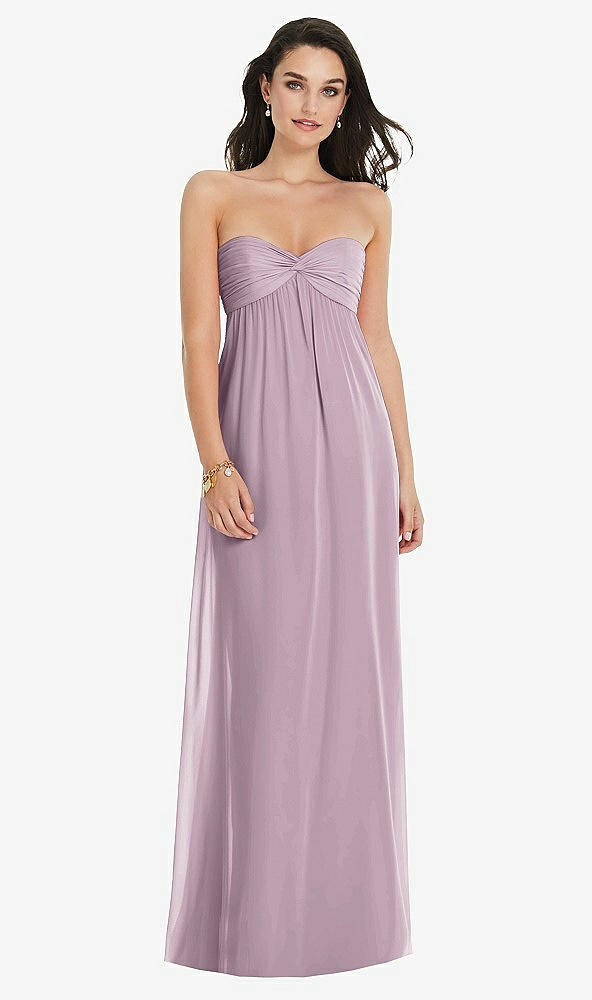 Front View - Suede Rose Twist Shirred Strapless Empire Waist Gown with Optional Straps