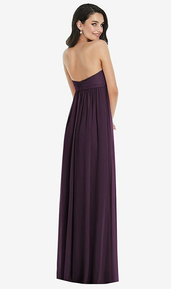 Back View - Aubergine Twist Shirred Strapless Empire Waist Gown with Optional Straps