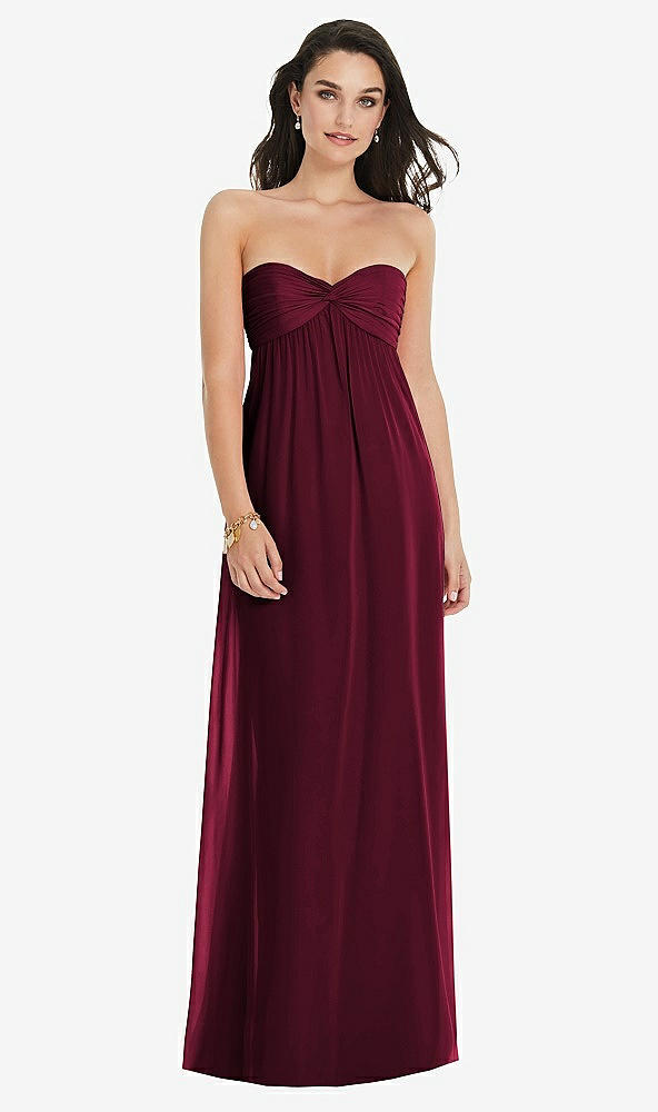 Front View - Cabernet Twist Shirred Strapless Empire Waist Gown with Optional Straps