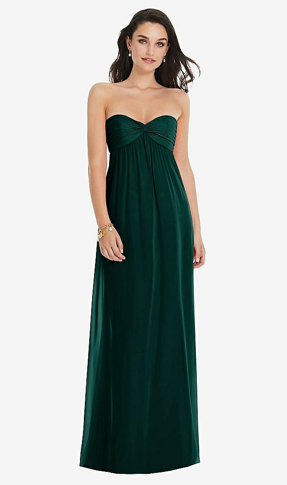 Front View - Evergreen Twist Shirred Strapless Empire Waist Gown with Optional Straps