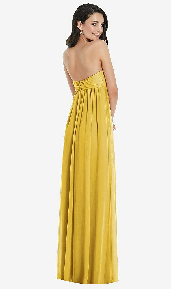 Back View - Marigold Twist Shirred Strapless Empire Waist Gown with Optional Straps
