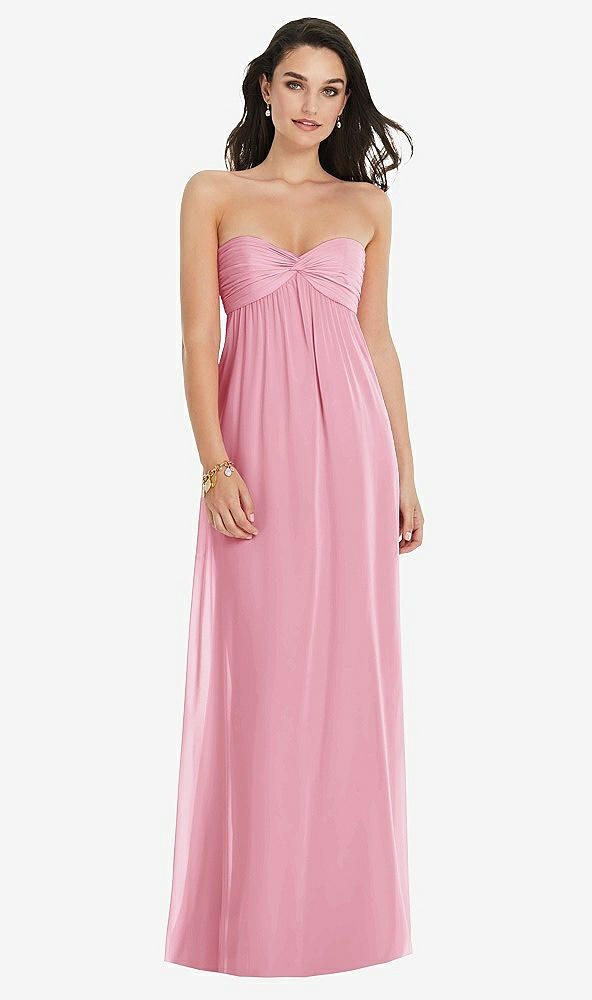 Front View - Peony Pink Twist Shirred Strapless Empire Waist Gown with Optional Straps