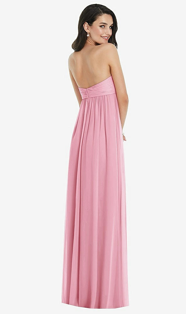 Back View - Peony Pink Twist Shirred Strapless Empire Waist Gown with Optional Straps