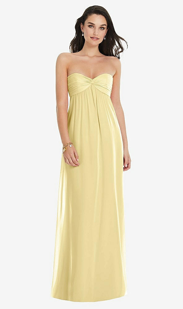 Front View - Pale Yellow Twist Shirred Strapless Empire Waist Gown with Optional Straps