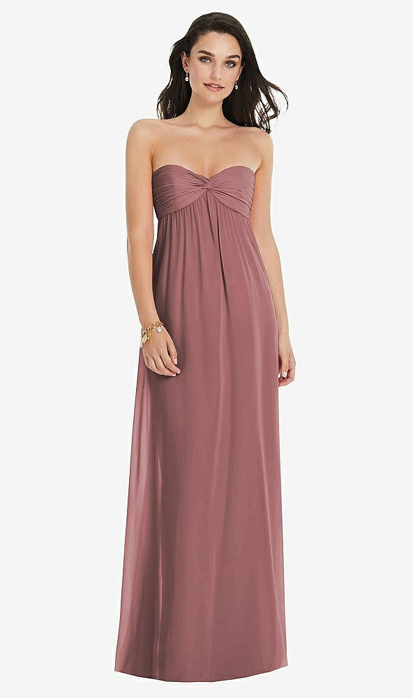 Front View - Rosewood Twist Shirred Strapless Empire Waist Gown with Optional Straps