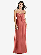 Front View Thumbnail - Coral Pink Twist Shirred Strapless Empire Waist Gown with Optional Straps