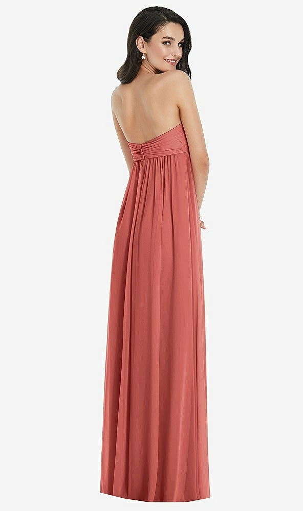 Back View - Coral Pink Twist Shirred Strapless Empire Waist Gown with Optional Straps