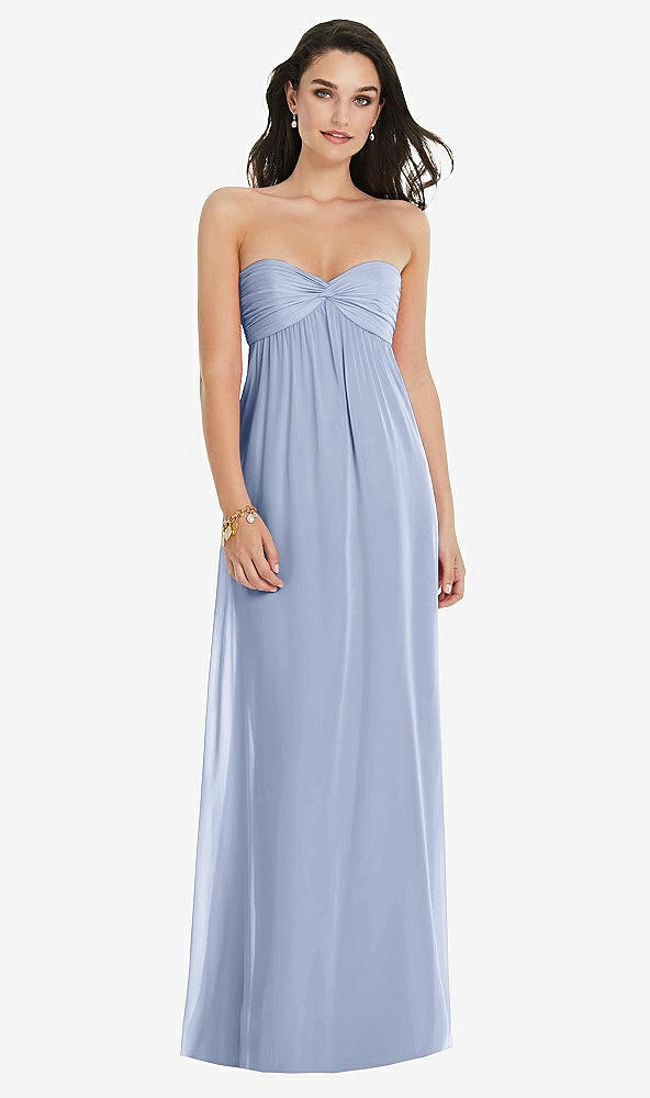 Front View - Sky Blue Twist Shirred Strapless Empire Waist Gown with Optional Straps