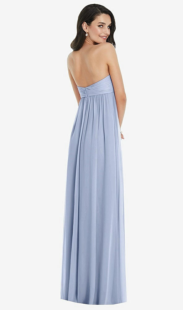 Back View - Sky Blue Twist Shirred Strapless Empire Waist Gown with Optional Straps