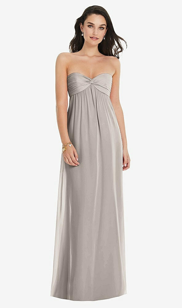 Front View - Taupe Twist Shirred Strapless Empire Waist Gown with Optional Straps