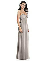 Side View Thumbnail - Taupe Twist Shirred Strapless Empire Waist Gown with Optional Straps