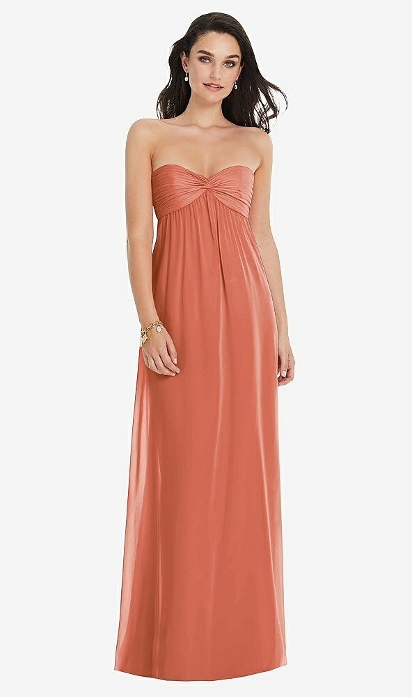 Front View - Terracotta Copper Twist Shirred Strapless Empire Waist Gown with Optional Straps