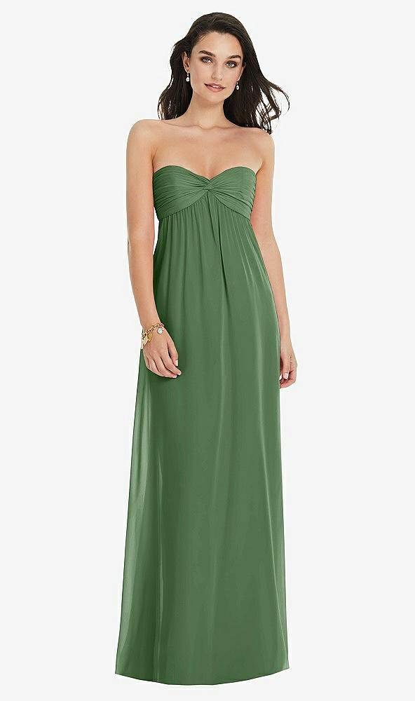 Front View - Vineyard Green Twist Shirred Strapless Empire Waist Gown with Optional Straps