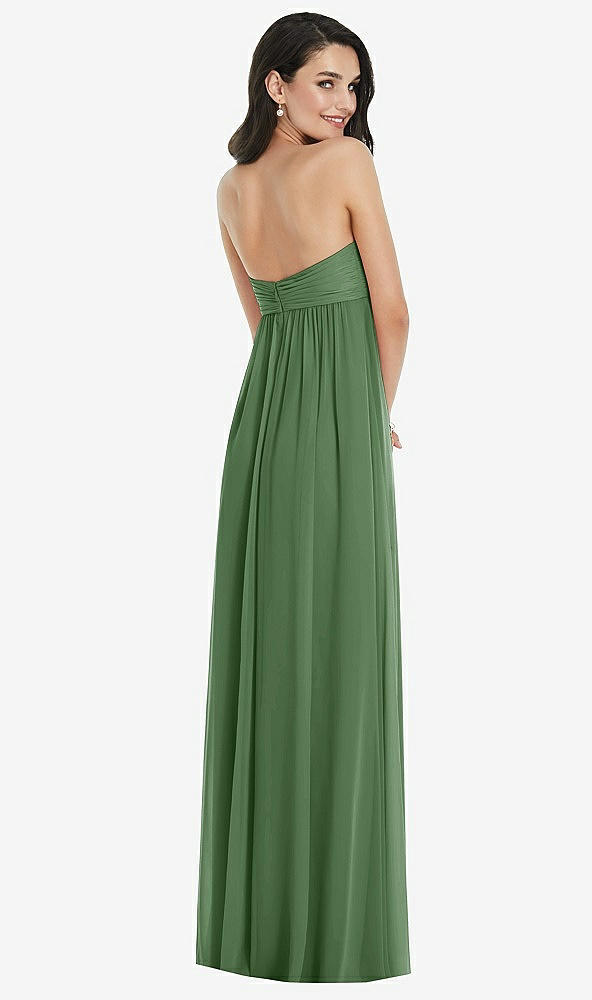 Back View - Vineyard Green Twist Shirred Strapless Empire Waist Gown with Optional Straps