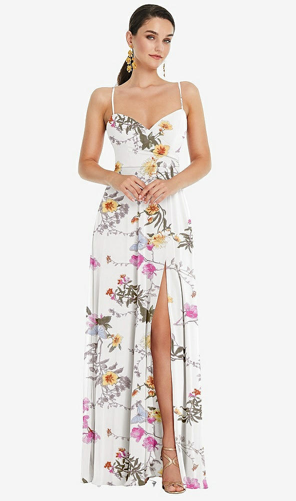 Front View - Butterfly Botanica Ivory Adjustable Strap Wrap Bodice Maxi Dress with Front Slit 