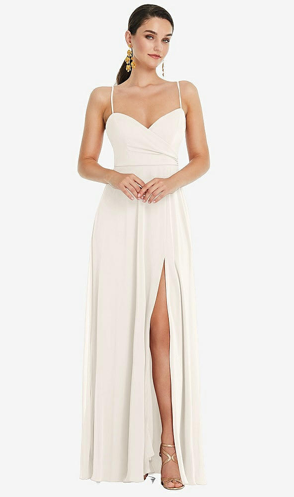 Front View - Ivory Adjustable Strap Wrap Bodice Maxi Dress with Front Slit 