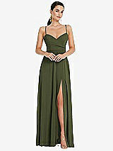 Front View Thumbnail - Olive Green Adjustable Strap Wrap Bodice Maxi Dress with Front Slit 
