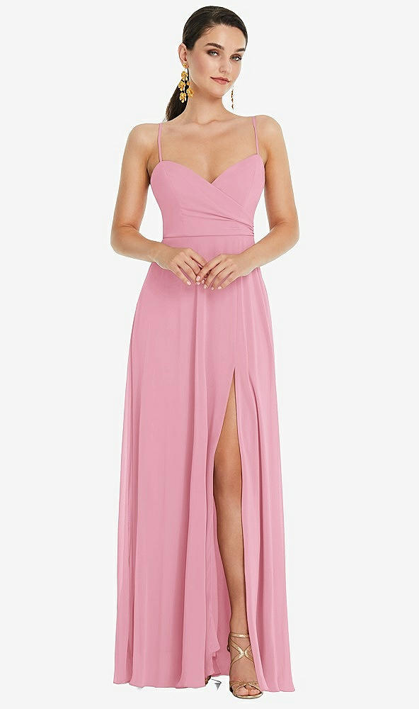 Front View - Peony Pink Adjustable Strap Wrap Bodice Maxi Dress with Front Slit 