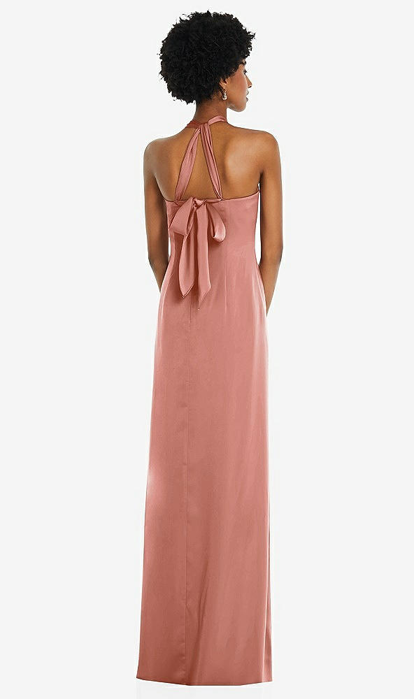 Back View - Desert Rose Draped Satin Grecian Column Gown with Convertible Straps