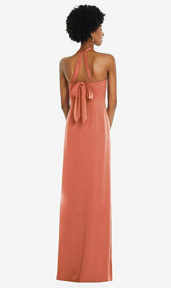 Back View - Terracotta Copper Draped Satin Grecian Column Gown with Convertible Straps