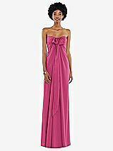 Front View Thumbnail - Tea Rose Draped Satin Grecian Column Gown with Convertible Straps