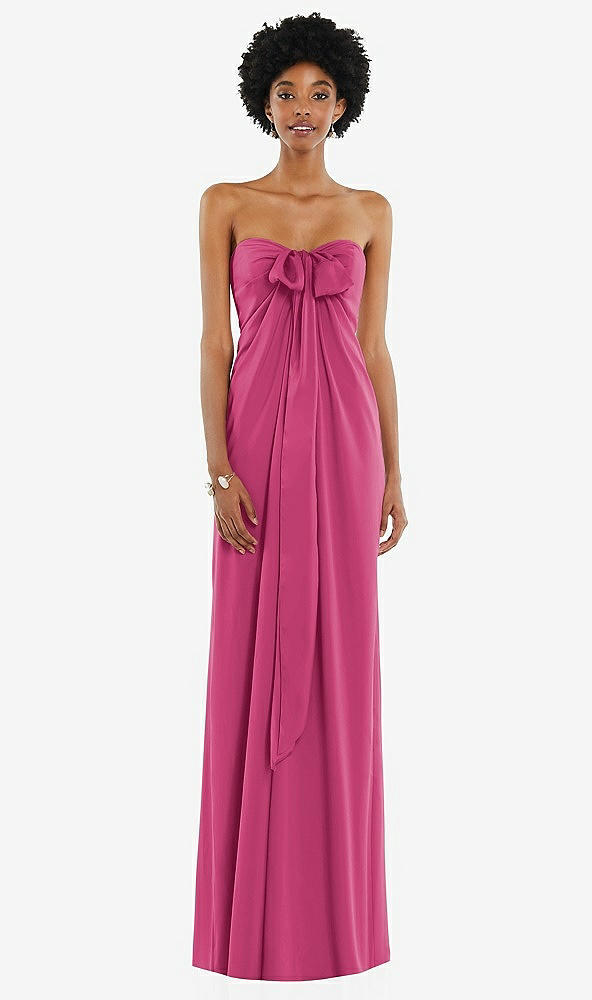 Front View - Tea Rose Draped Satin Grecian Column Gown with Convertible Straps